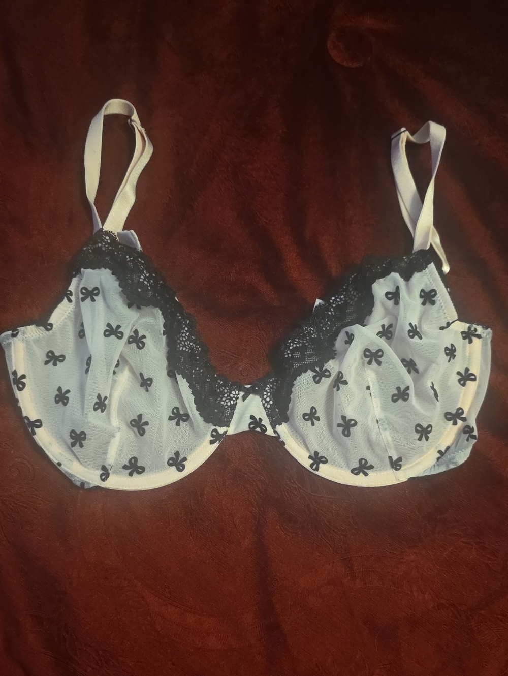 Victoria's Secret Light Pink Mesh Bra with Black Bow Print & Lace Size 34DD